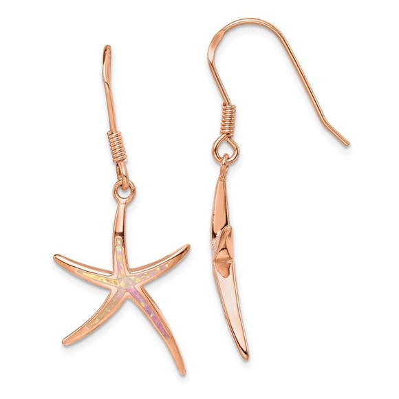 Sterling Silver Rose-tone Created Opal Inlay Star Fish Dangle Earrings - Picture 1 of 4